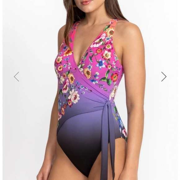 Johnny Was Ombré Garden Wrap One Piece Bathing Suit XS Multi Flowers V Neck - Picture 10 of 14